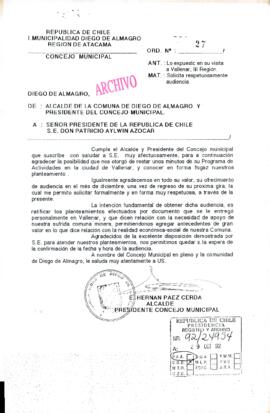 [Oficio Ord. N° 27 de Alcalde de Diego de Almagro, solicita audiencia]