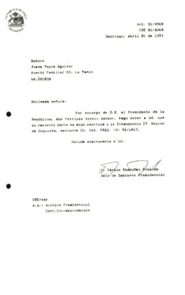 [Carta de respuesta por remisión de correspondencia enviada al Presidente, redirigiéndola a la Intendencia IV Región de Coquimbo ]