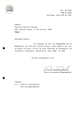 [Carta de respuesta del Jefe de Gabinete Presidencial sobre correspondencia remitida al Ministerio de Vivienda y Urbanismo]