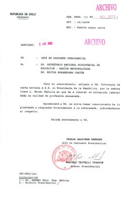 [Carta del Jefe de Gabinete de la Presidencia a SEREMI de Educación Región Metropolitana]