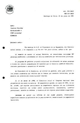 [Carta de respuesta del Jefe de Gabinete Presidencial sobre correspondencia referente a indultos por delitos de motivaciones políticas]