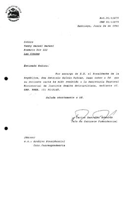 [Carta de respuesta del Jefe de Gabinete Presidencial sobre correspondencia remitida a la Secretaría Regional Ministerial de Justicia de la Región Metropolitana]