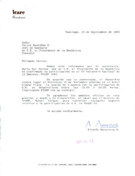 [Carta del Presidente de ICARE dirigida al Gabinete Presidencial referente a aspectos programáticos de ENADE 1993]