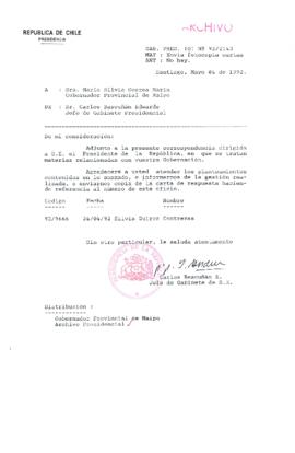 [Carta del Jefe de Gabinete de la Presidencia a Gobernadora Provincial de Maipo]