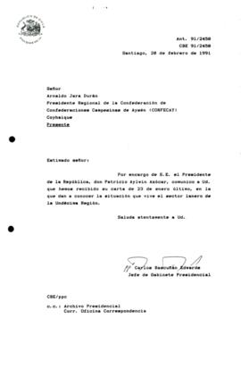 [Carta de respuesta acusando recibo de correspondencia enviada por el Presidente Regional de la Confederaciones Campesinas de Aysén CONFECAY]