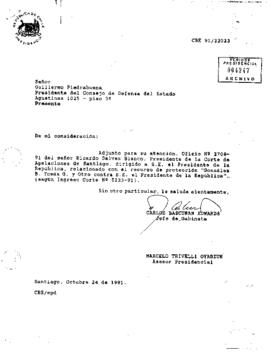 [Carta dirigida a Guillermo Piedra Buena Presidente Consejo de Defensa remitiendo Oficio Nº 2708-91 de la Corte de Apelaciones]