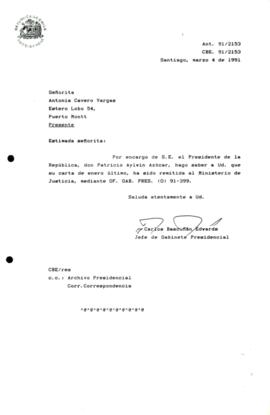 [Carta de respuesta del Jefe de Gabinete Presidencial sobre correspondencia remitida al Ministerio de Justicia]