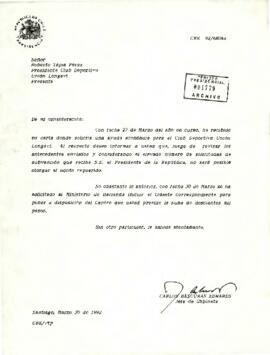 [Carta de respuesta del Jefe de Gabinete Presidencial al Presidente Club Deportivo Unión Longavi]