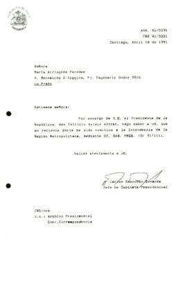 Carta remitida a la Intendencia de la Región Metropolitana, mediante Oí, GAB, PRES. (O) 91/1111»