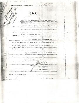 Fax dirigido al sr. Carlos Bascuñán, Jefe de Gabinete Presidencial, desde el Gabinete sra. Leonor Oyarzún de Aylwin