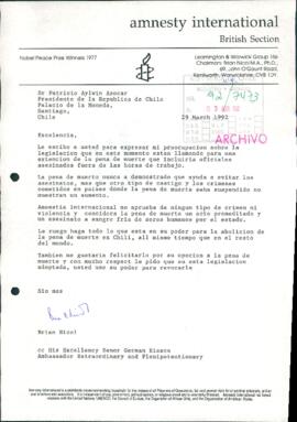 [Carta de solicitud sobre abolición de la pena de muerte en Chile dirigida al Presidente Patricio Aylwin]