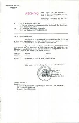 [Carta del Jefe de Gabinete de la Presidencia a Director Ejecutivo Corporación Nacional de Reparación y Reconciliación]