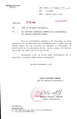 [Oficio Gab. Pres. Ord. N° 3758 de  Jefe de Gabinete Presidencial, remite copia de carta que se indica]