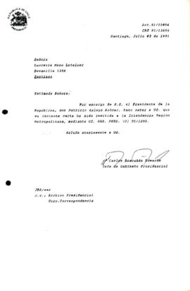 [Carta de respuesta del Jefe de Gabinete Presidencial sobre correspondencia remitida a la Intendencia de laRegión Metropolitana]