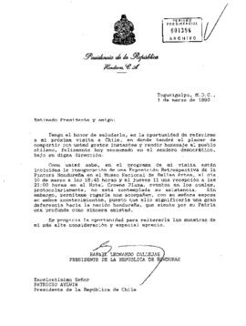 [Carta del Presidente de Honduras dirigida a Presidente Aylwin]