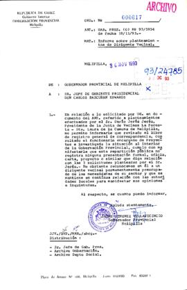 [Oficio del Gobernador Provincial de Melipilla dirigido al Gabinete Presidencial, referente a planteamiento de dirigente vecinal]