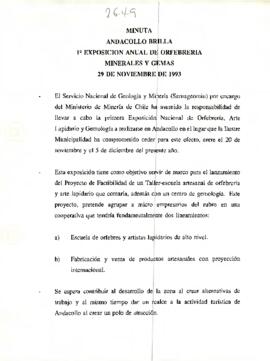 Minuta Andacollo brilla 1° exposición anual de orfebrería minerales y gemas 29 de noviembre de 1993