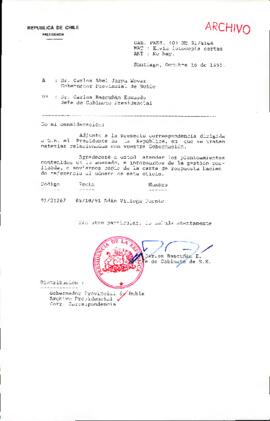 [Oficio del Jefe de Gabinete Presidencial dirigido al Gobernador Provincial de Ñuble, Sr. Carlos Abel Jarpa Wevar]