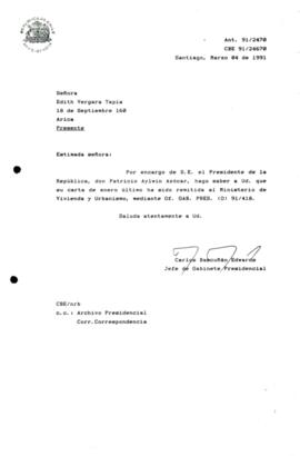 [Carta de respuesta por remisión de correspondencia enviada al Presidente, redirigiéndola al Ministerio de Vivienda y Urbanismo]