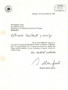 [Carta del Presidente Aylwin al Presidente de la República Oriental del Uruguay, enviando carta q...