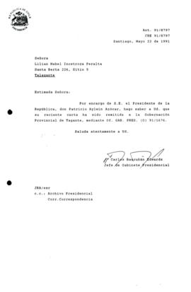 Carta remitida a la Gobernación Provincial de Tagante, mediante Of. G A B . PRES. (O) 91/1676.