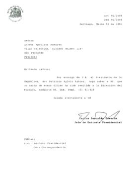 [Carta de respuesta del Jefe de Gabinete Presidencial sobre correspondencia remitida a la Dirección del Trabajo]