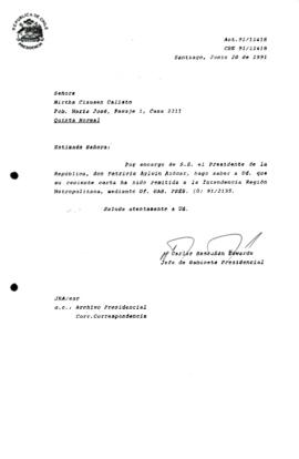 [Informa que carta fue remitida a Intendencia RM, mediante Of. GAB. PRES. (0) 91/2135]
