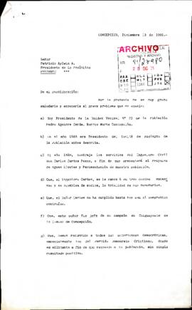 [Carta del Presidente de la Unidad Vecinal 21 de Concepción dirigida al Presidente Patricio Aylwin]