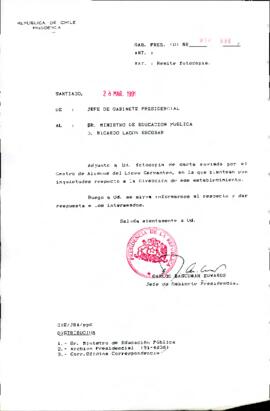 Carta del Centro de Alumnos del Liceo Cervantes, plantean sus inquietudes respecto a la Dirección de ese establecimiento.
