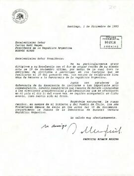 [Carta del Presidente Patricio Aylwin Azócar al Presidente de Argentina]