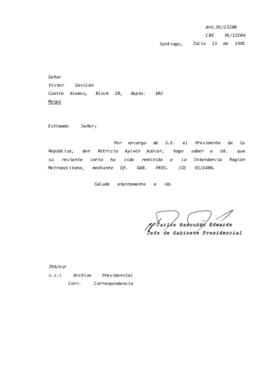 [Informa que carta fue remitida a Intendencia RM, mediante Of. GAB. PRES. (0) 91/2486]