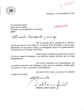 [Agradece obsequio del Presidente de la República de Ecuador en su reciente visita al país]