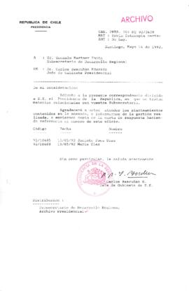 [Carta del Jefe de Gabinete de la Presidencia a Subsecretario de Desarrollo Regional y Administrativo]