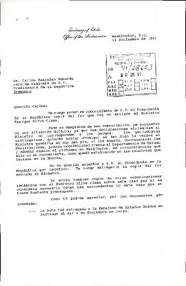 [Carta al Sr. Bascuñán Jefe de Gabinete Presidencial del señor Patricio Silva Echeñique Embajador en E.E.U.U.]