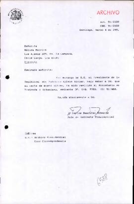 Carta remitida al Ministerio de Vivienda y Urbanismo, mediante OF. GAB. PRES. (0) 91/408.