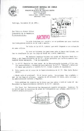 [Carta de la Confederación Minera de Chile referente a problemática con la AFP Laboral]