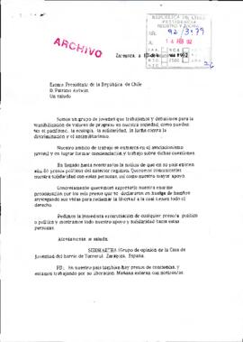 [Carta de agrupación juvenil de Zaragoza expresando preocupación por huelga de hambre de presos]