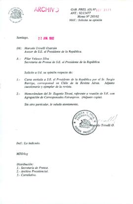 [Carta de Asesor de la Presidencia a Secretaria de Prensa de la Presidencia de la República]