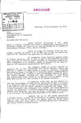 [Carta del conglomerado "Jóvenes Pro Acogida de Erich Honecker dirigida al Presidente Patricio Aylwin]