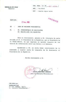 [Carta del Jefe de Gabinete de la Presidencia a Subsecretario de Agricultura]