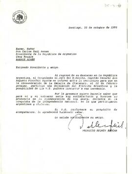 [Carta de invitación a conmemoración de la Batalla de Chacabuco del Presidente Aylwin a Carlos Me...